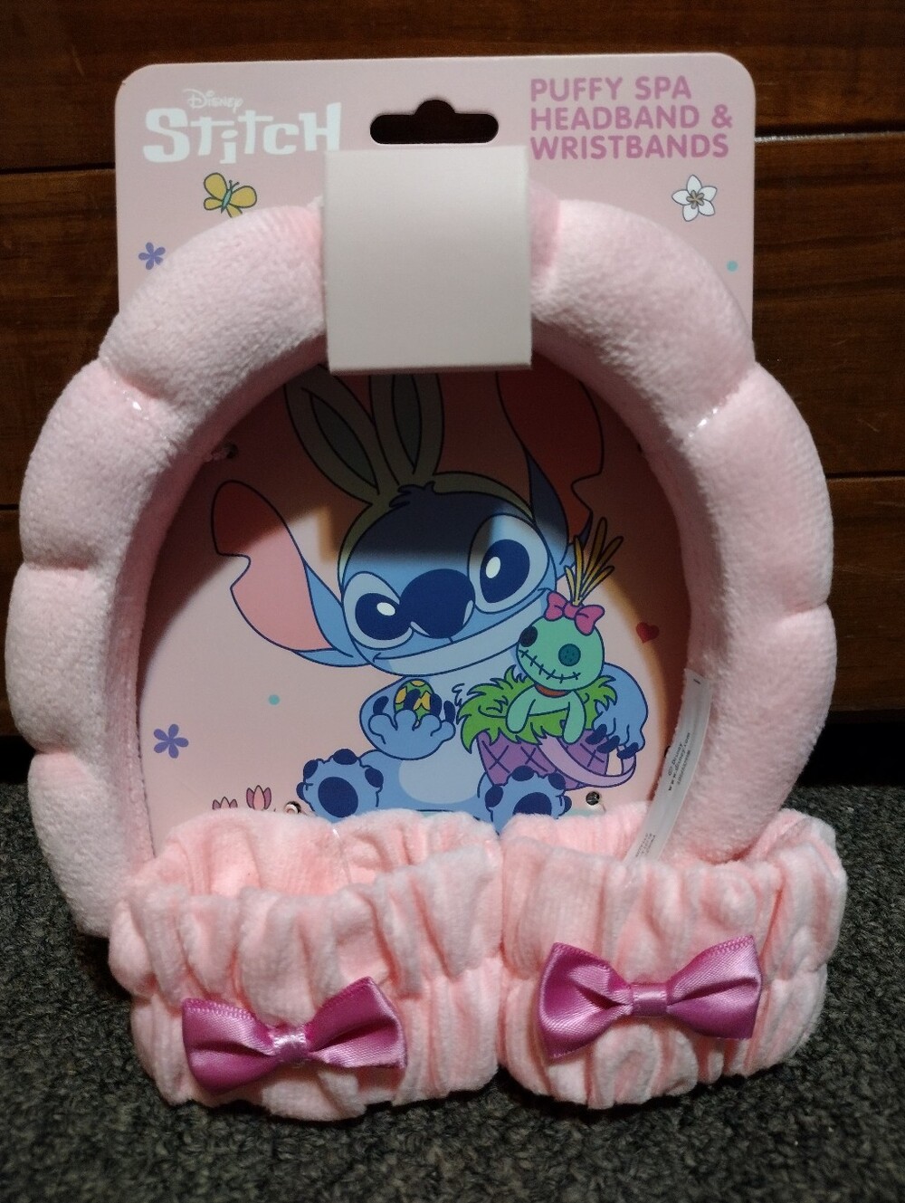 Disney Stitch Pink Puffy Spa Headband & Wristbands with Satin Bows